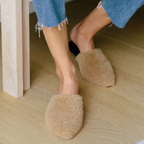 JENNI KAYNE Shearling Slip On Mule Flats Tan Leather Pointed Toe Women's 36/US 6 - Picture 1 of 7